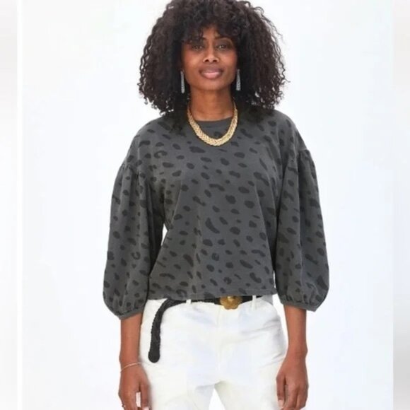 Clare V. Drop Shoulder Tee Puff 3/4 Sleeves Top In Faded Gray and Black - L - Picture 1 of 12